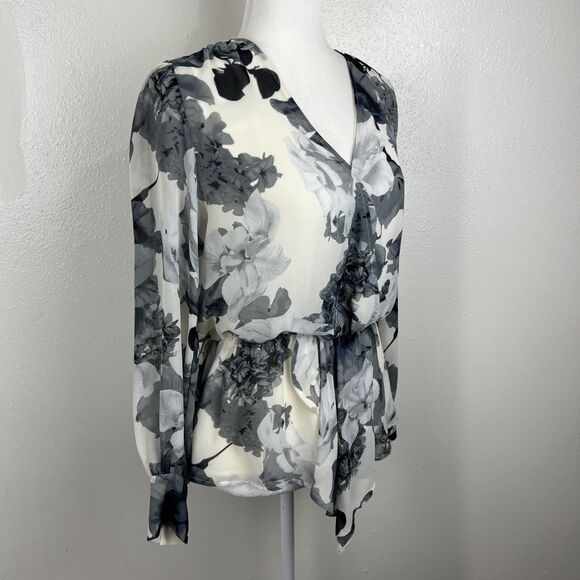 Vince Camuto Blouse Women Extra Small Cream Grey Floral Peplum Long Sleeve - Picture 4 of 14